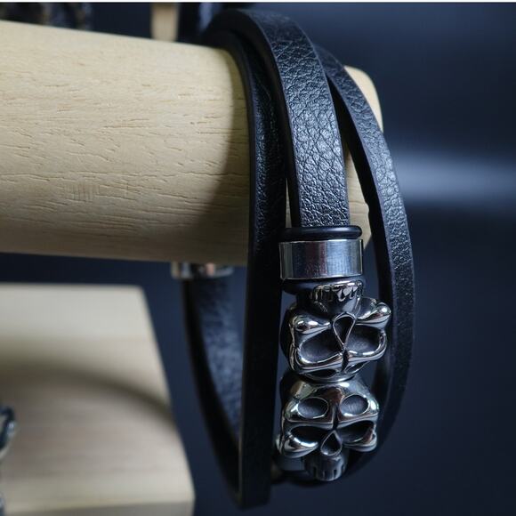 Stainless Steel Leather Bracelet W/ Skulls Accent SBR-788 - Picture 1 of 9